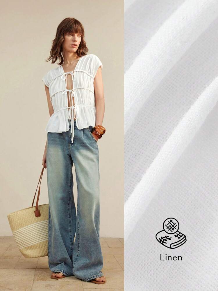 2025 Women Summer Solid Color Pleated Front Tie Casual Blouse, Minimalist Elegant White Bow Top, Urban Commuting, Graceful Summer, Versatile, Loose & Comfortable