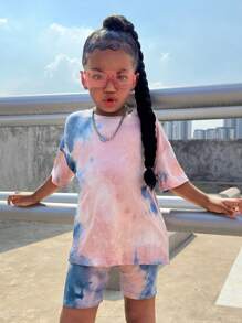 SHEIN SLAYR KIDS 2 件套年轻女孩休闲扎染印花宽松 T 恤和紧身打底裤套装 - 灰色 - 查看 6