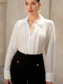 Chiquease Vintage Jacquard Sheer Breathable Fabric Elegant V-Neck Layered Ruffle Detail Ladies' Blouse, Versatile For Commuting - White - View 3
