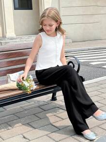 青少年女孩罗纹不对称纽扣开合针织无袖毛衣 - 白色 - 查看 6