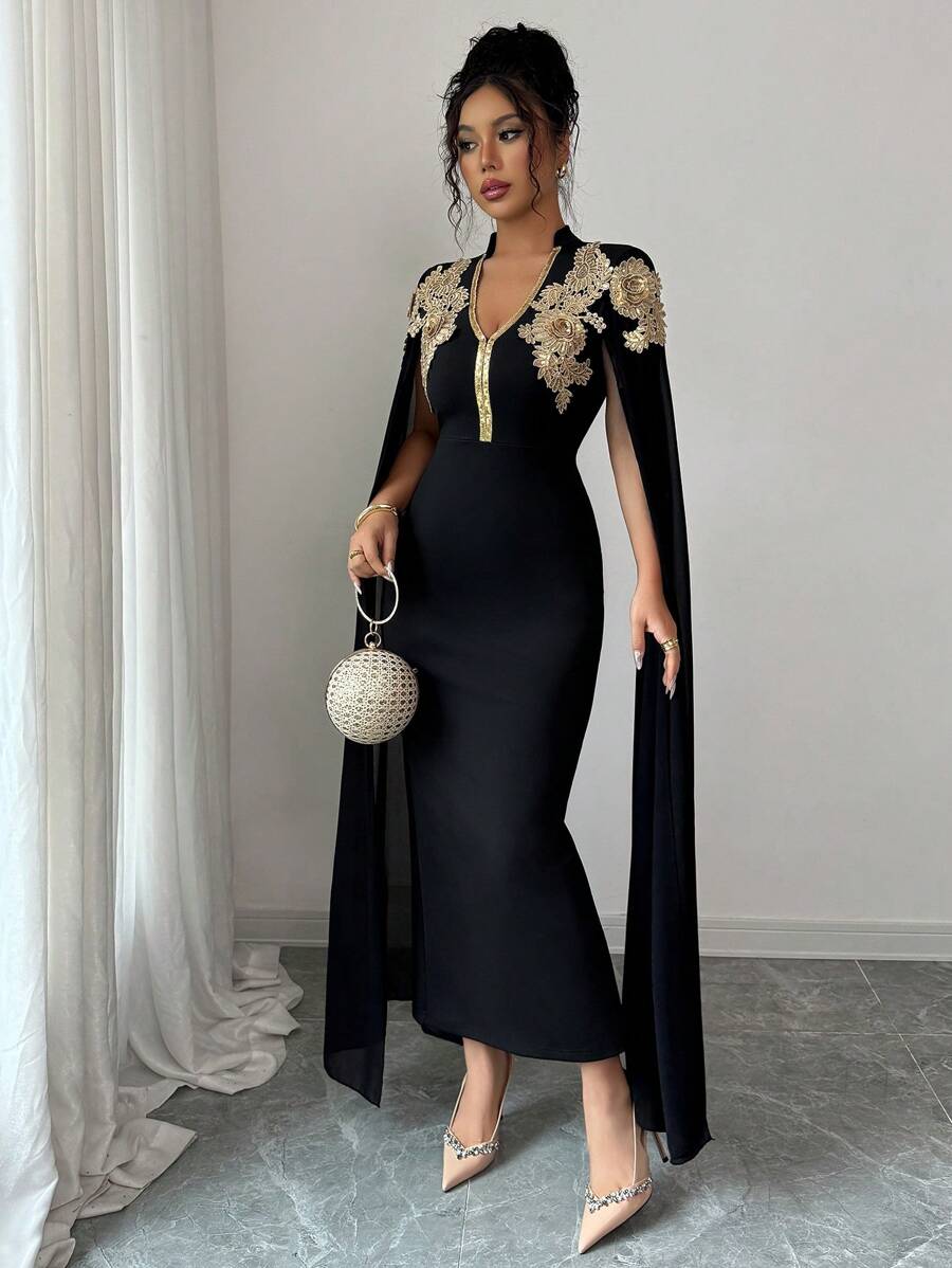 Elenzga Rochie de damă cu mânecă lungă, brodată, cu decolteu în V - imagine 6