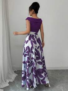 Elenzga 女士蓝色拼色印花连衣裙，斜襟领口，收腰设计，休闲度假风格 - 紫色 - 查看 2