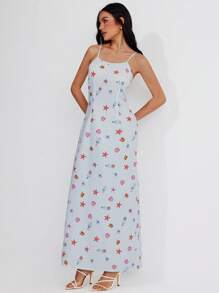 Roylia Women's Maxi Dress With Striped, Seashell, Starfish, Drifting Bottle Prints, Multicolor, Fitted, Square Neck, Spaghetti Straps, Backless, Waist Cinched, Extra-Wide Hem, Suitable For Vacation, Festival, Sexy, Elegant, Romantic, Minimalist, Casual, Commuter, Bohemian Holiday Style, Spring/Summer - Blue - View 3