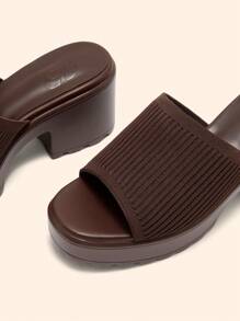 CUCCOO BASICS Giày cao gót đế xuồng đế thô vải cà phê thời trang dành cho nữ - màu nâu - Xem 5