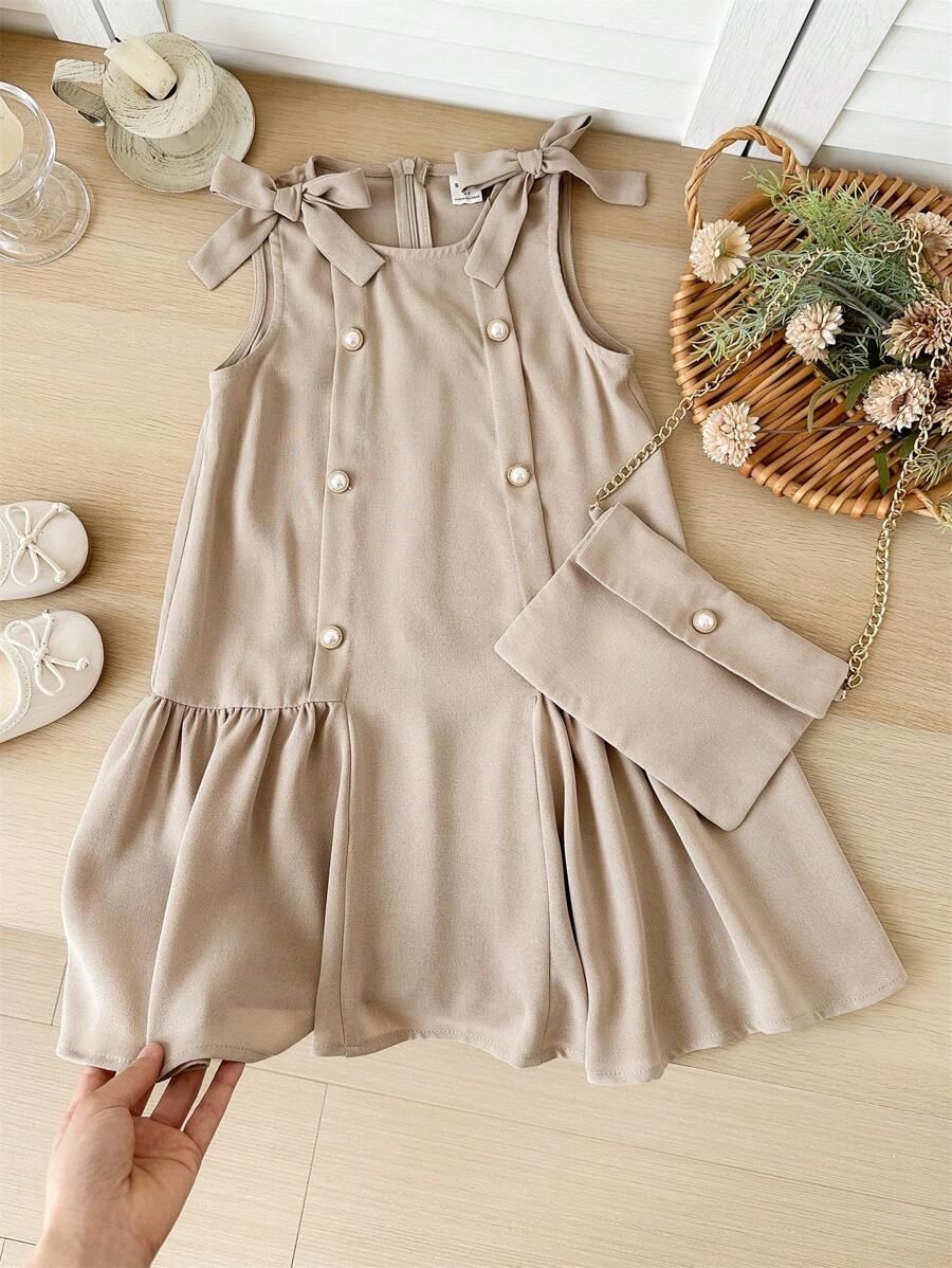 SHEIN LMoss Kids Vestido justo sem mangas com decote redondo e cor sólida para meninas - Caqui - Ver 1