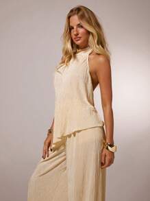 SHEIN Forever 21 夏季女士舞会/正式场合/海滩/度假/可爱/西式服装/商务休闲/优雅/生日/外出/夜店/办公室着装/音乐节/锐舞派对/工作服/高贵/乡村音乐会/早午餐/邮轮/老钱/机场/端庄/教堂/仙女风/下午茶/千禧年/街头风/2000年代/迪斯科/春假/毕业典礼/婚礼宾客/鸡尾酒会/复古/紧身/度假/杏色纹理无袖上衣和长裤两件套 - 杏色 - 查看 3