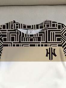 SHEIN Playful Pals 男童格子拼接圆领短袖T恤和短裤棕色休闲装，夏季套装男童两件套男童套装 - 彩色 - 查看 3