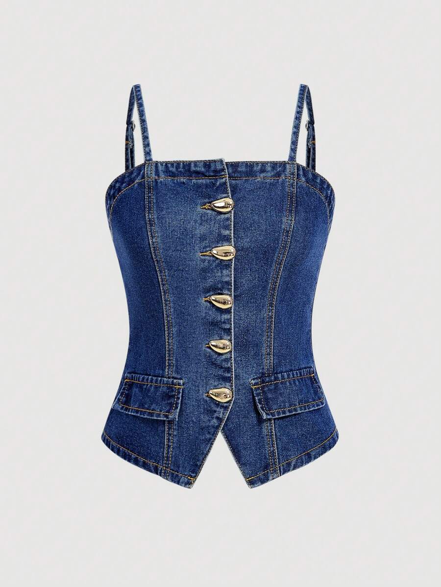 Selenza 女式夏季休闲前扣式肩带牛仔吊带背心 - 藍色 - 查看 1