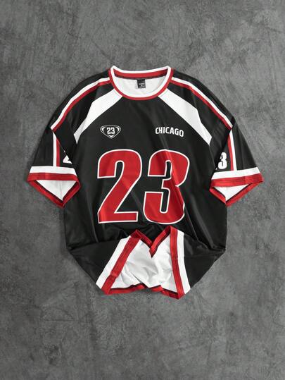 Manfinity Sporsity Men's Colorblock Striped & Letter Print Casual Short Sleeve T-Shirt, Versatile For Summer Sport Jersey Number Jersey