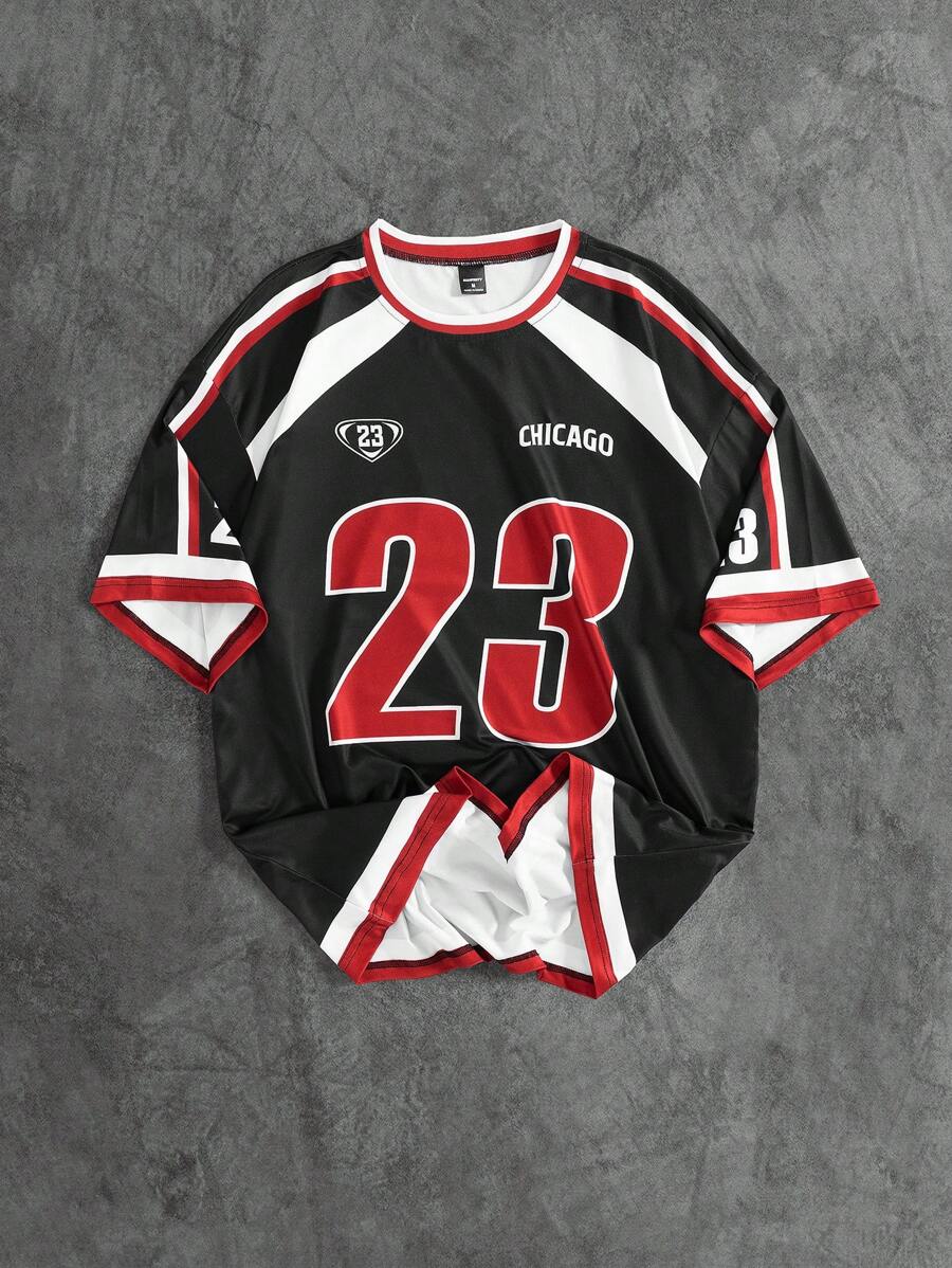 Manfinity Sporsity Men's Colorblock Striped & Letter Print Casual Short Sleeve T-Shirt, Versatile For Summer Sport Jersey Number Jersey