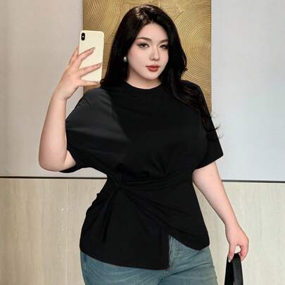 솔리드 컬러 라운드 넥 비대칭 밑단 끈 단추 반팔 캐주얼 티셔츠