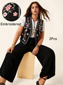 SHEIN LUNE Plus Size Two Pieces Holiday Leisure Suit, Casual High Waist Wide Leg Trousers & Embroidered Sleeveless Vest Two Pieces Suit,Ins Blogger Outfits,Elegant Daily Party Even, Vacation Style, Holiday Outfits,Boho/Bohemian Two Pieces Set,Office,Old Money,Holiday Outfits,For Daily Wear,Casual Daily Wear,Commute,Minimalist,Pride Month Apparel - Black - View 2