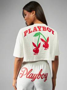 Missguided x Playboy 超大樱桃图案休闲 T 恤春夏短款上衣家居服街头风格休闲装 - 灰色 - 查看 6
