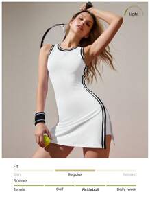 CourtClass 女式撞色圆领开衩系带喇叭 A 字休闲网球高尔夫运动连衣裙，春夏