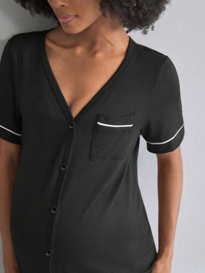 BloomMama Maternity Short Sleeve Nursing Nightgown Button, Loungewear Sleepwear Pajama Dress Sleep Shirt view 4