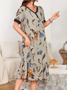 SHEIN Green Floral Print Women's Romantic Long Nightgown, Perfect For Summer, Moo Moo - Dark Green - View 7