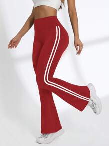 SHEIN Sports 女式撞色条纹修身喇叭运动裤 - 紅色 - 查看 2