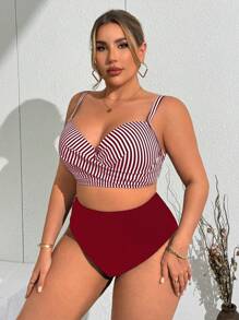 Swim Lushoire Plus Size Women Striped Textured Print Cross Front Underwire Top & Black Striped Shorts 2 Pieces Swimsuit Set, Slimming Beach Outfit For Summer Beach Vacation