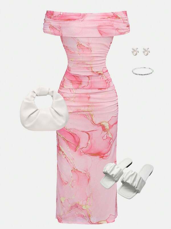 SHEIN Girlism Tween Mädchen Lässiges, minimalistisches, bequemes, schulterfreies Midikleid mit taillierter Taille