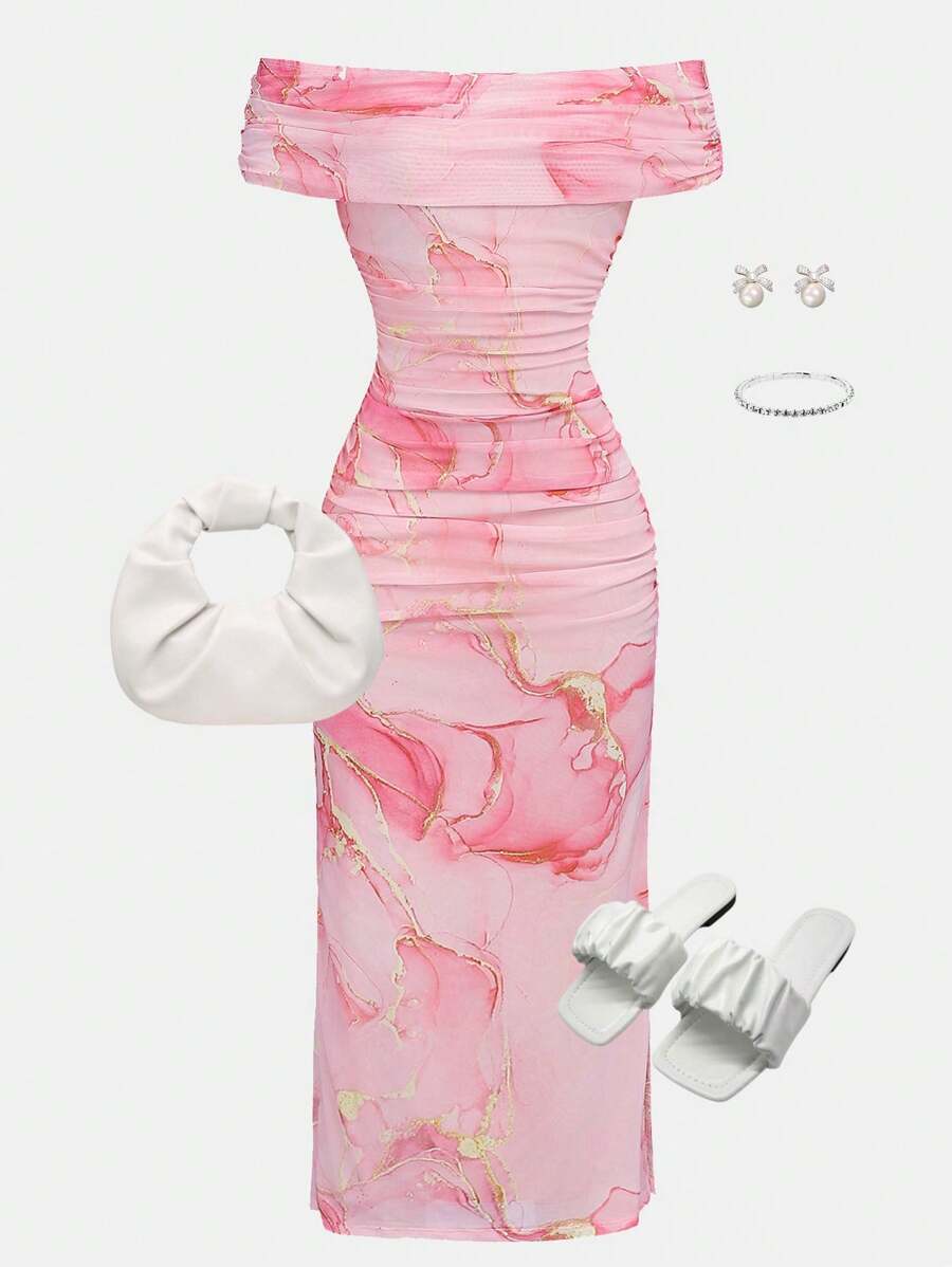 SHEIN Girlism Robe midi ajustée à la taille, avec épaules dénudées, décontractée et minimaliste, confortable pour les jeunes filles