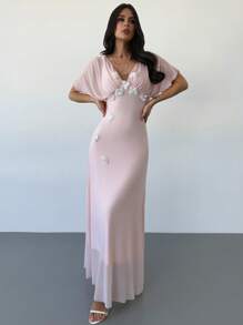 Firerie 女士优雅浪漫约会休闲假日海滩下午茶粉色网眼 V 领花卉装饰束腰 A 字长裙 - 淺粉色 - 查看 1