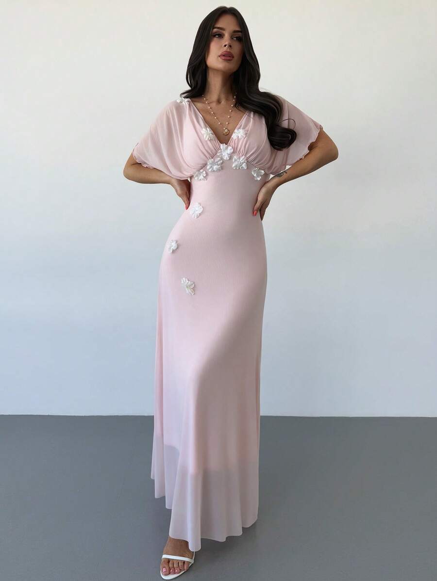 Firerie 女士优雅浪漫约会休闲假日海滩下午茶粉色网眼 V 领花卉装饰束腰 A 字长裙 - 淺粉色 - 查看 1