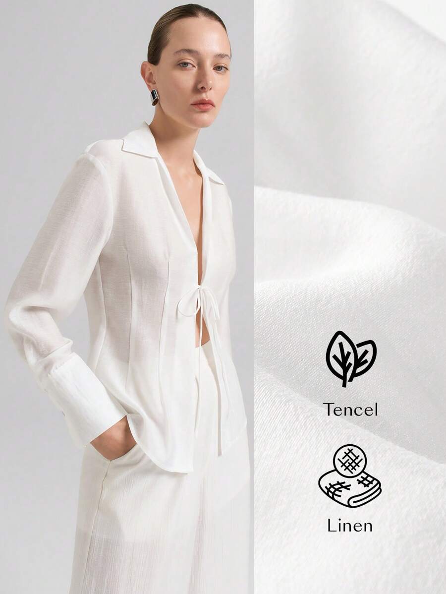 Ontre 2025 新音乐节、音乐会、乡村音乐节女装时尚、优雅女式衬衫、白色系带设计、长袖、天丝亚麻粘胶材质、半透明、春夏 - 白色 - 查看 1