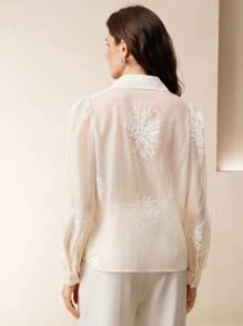 Women's Elegant Rhinestone Embroidered Floral Collar Blouse - White - View 3