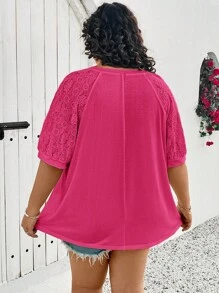 SHEIN CURVE+ 大码夏季休闲纯色提花拼接上衣，适合夏季/乡村/海滩度假 - 玫紅色 - 查看 2