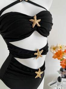 SHEIN Unity 黑色镂空金色海星装饰露背连体衣，超级有弹性，柔软舒适，适合游泳、海滩、休闲、派对，极简主义设计，适合夏季 - 黑色 - 查看 6