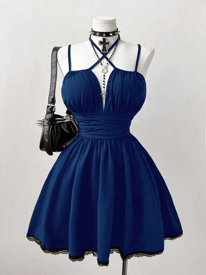 Sweetra Plus Size Women Lace Patchwork Spaghetti Strap Dress, Elegant Vacation Wear For Spring/Summer