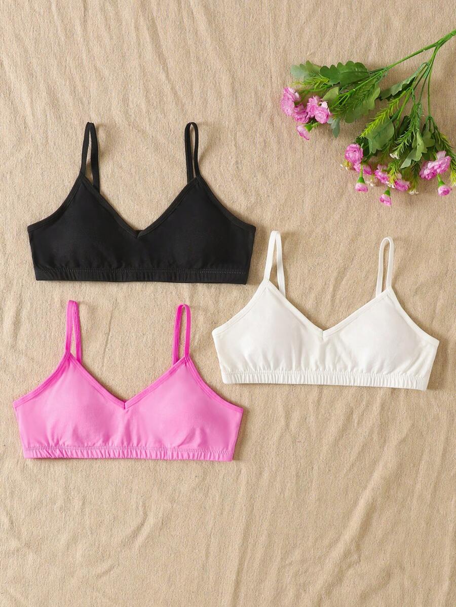 SHEIN 3件套少女款简约舒适白色纯色V领带垫文胸吊带背心 - 彩色 - 查看 1