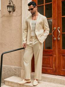 Manfinity NXTstreet 2件套男士休闲宽松菱形图案梭织西装外套 - 卡其色 - 查看 5