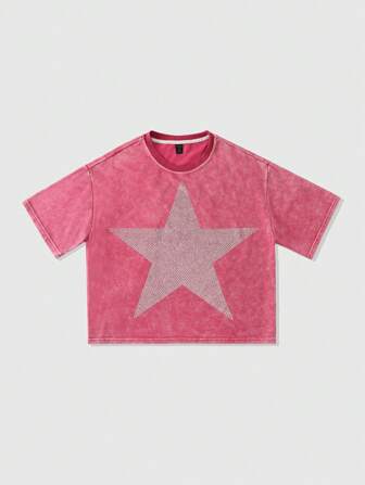 Camiseta corta con adorno de estrella de rhinestone para hombre, estilo urbano y rave