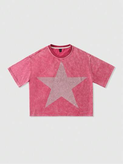 Maglietta crop oversize da uomo con decorazioni in strass a forma di stella, stile urban