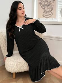 Plus Size Bow Decor V Neck Ruffle Trim Cozy Knit Sleep Dress, Outfit, Fall & Winter - Black - View 5