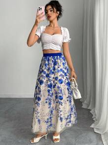Elenzga Women's Elastic Waist Floral Embroidered Mesh Elegant A-Line Skirt, For Vacation - Blue - View 5
