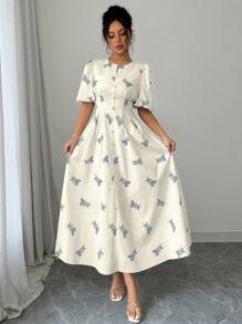 Modelyn 春夏款A字收腰印花短袖连衣裙 - 藍色 - 查看 4