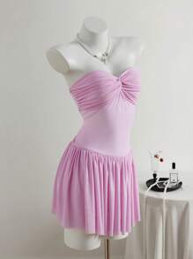 SHEIN Unity Women's Simple Mesh See-Through Pink Mini Dress With Twist Bust Decor, Sexy Bandeau Top - Pink - View 3