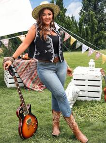 EMERY ROSE 加大码女式西式刺绣开襟背心夏季西式服装、秋季、乡村音乐会、西部、波西米亚风、音乐会、秋季 - 黑色 - 查看 6