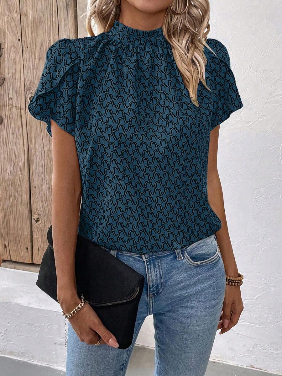 EMERY ROSE Women's Casual All Over Print Stand Collar Petal Sleeve Blouse, Summer - Blue - View 1