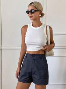 DAZY 女士夏季松紧腰拼接抽绳腰部工装口袋街头时尚休闲短裤 - 藏蓝色 - 查看 5