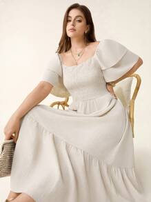 Comfylo Vestido de manga corta con cuello cuadrado, volantes y fruncidos en la Bottom, talla grande, unicolor, cómodo y holgado, estilo bohemio, ideal para el Día de la Madre, graduación, verano, vestido fluido blanco, atuendos de vacaciones y playa para mujer, atuendos de vacaciones, vestidos de sol para mujer - Albaricoque - Ver 7