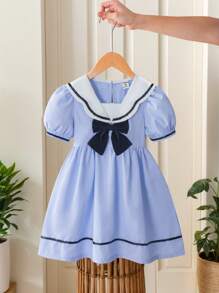 SHEIN Elladie kids Vestido de Princesa com Gola Marinha e Mangas Bufantes para Meninas Jovens, Detalhe Fofo de Laço, Cor Azul Claro, Vestido Casual Escolar/Formal para Uso Diário e Passeio - Azul - Visão 4