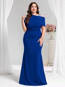 Coutiva فستان سهرة رسمي بأكمام قصيرة لون أحادي، موضة الصيف لكامل الحجم - أزرق غامق - مشاهدة 5