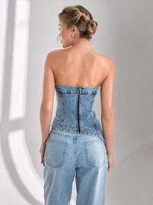 CLARA VERO Women Elegant Asymmetrical Hem Tube Denim Top - Medium Wash - View 8