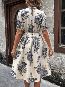 EMERY ROSE 女式热带印花泡泡袖立领连衣裙 长款女装 女式中长连衣裙 女士休闲连衣裙 女士复古连衣裙 女士休闲连衣裙 女士休闲连衣裙 - 黑色 - 查看 2