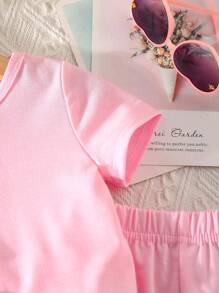 SHEIN 2件組女嬰粉色夏季可愛2歲生日服裝，圓領短袖蝴蝶結裝飾短版上衣與鬆緊腰短褲套裝，時尚海灘禮物 - 粉色 - 查看 4