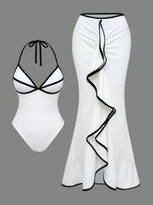 Selianne 2pcs Set Women Contrast Trim Halter Backless Swimsuit With High Waist Flounce Long Maxi Skirt, Summer Beach Cruise Holiday Vacation Swimwear Set - Black and White - View 7