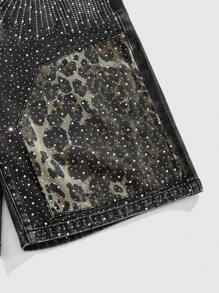 ROMWE MEN Street Life Men's Summer Fashion Leopard Print Denim Shorts With Rhinestones - Black - View 11